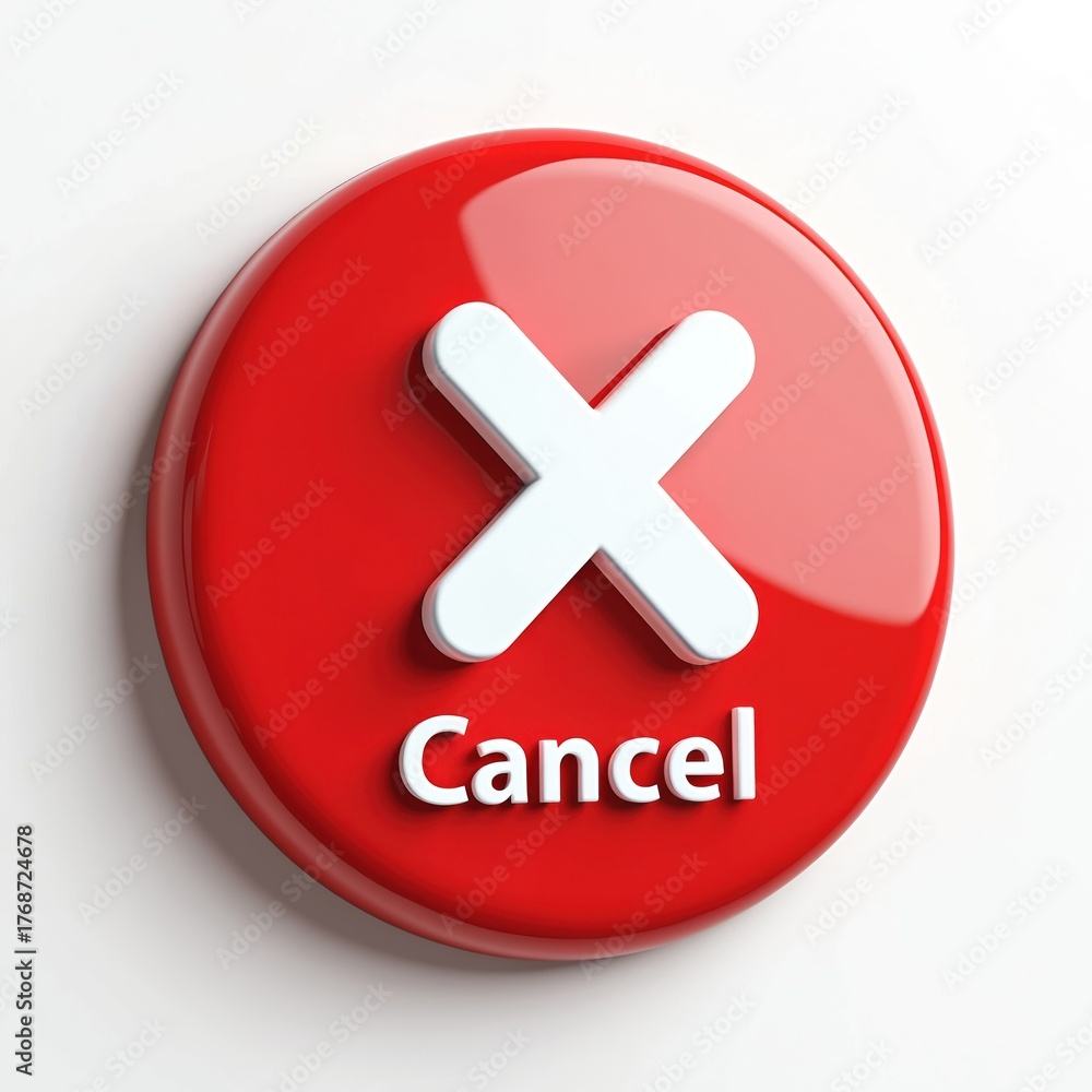 Fototapeta premium Red 3D circular button with white text Cancel and white cross symbol. Clear glossy finish with soft shadow. UI element for rejection or stopping.