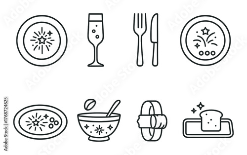 Elegant dinner icons with wine glass, cutlery, and dishes on black background