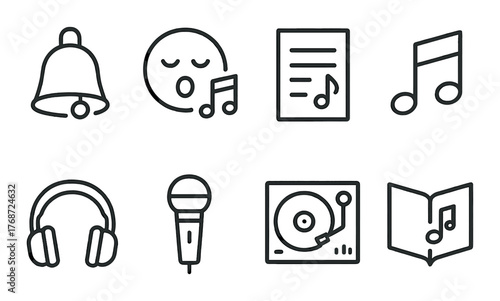 Black music icons set featuring headphones microphone and musical notes on dark background
