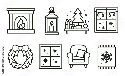 Cozy home decor icons featuring fireplace, lantern, holiday themes, and winter elements
