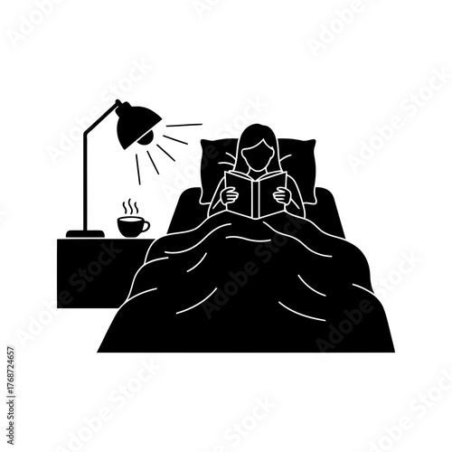 Vector art of woman reading a book in bed, bedtime routine