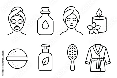 Spa and wellness icons featuring skincare, relaxation, and beauty elements