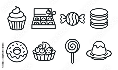 Outline icons of sweet desserts including cupcake, candy, macarons, donut, and lollipop on dark background