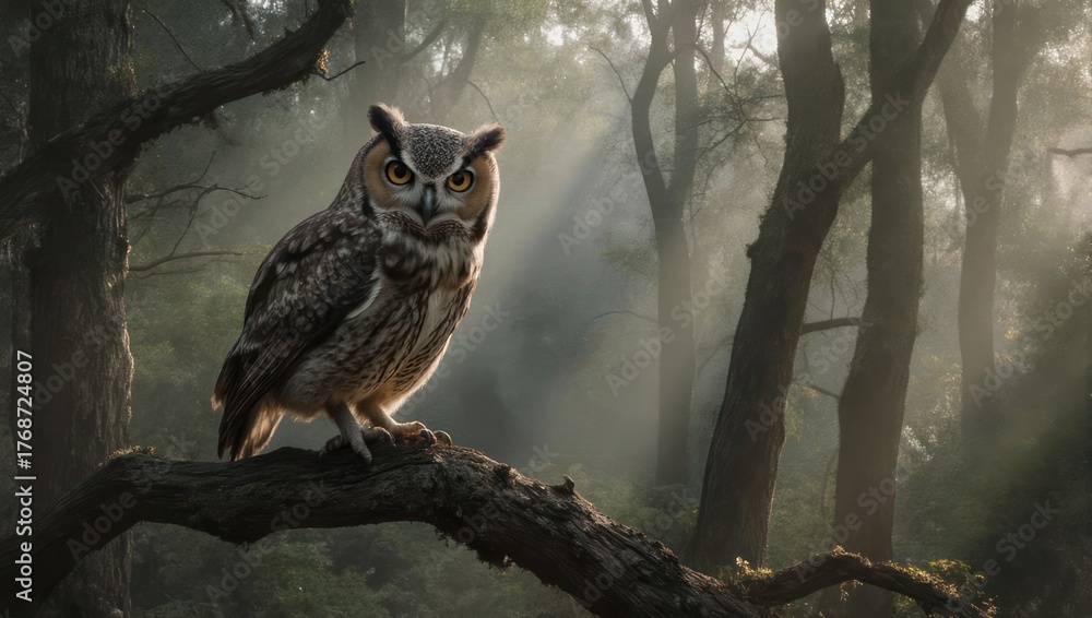 Obraz premium Majestic Owl Perched on Branch in Misty Forest.