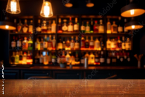 Blurred Bar Counter with Warm Lighting and Liquor Bottles