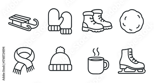 Winter essentials icons: sled, mittens, boots, scarf, hat, hot drink, ice skates