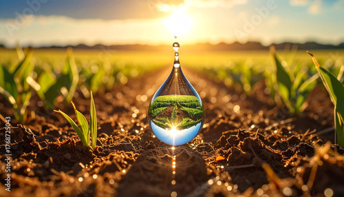 Water of Life: A captivating water droplet reflects the vibrant landscape of a flourishing field under a radiant sun.