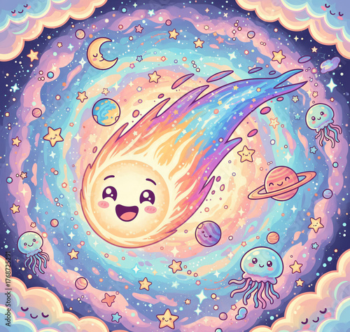 Adorable Kawaii Comet with Rainbow Trail and Happy Face Flying through a Dreamy Pastel Nebula Galaxy with Cute Jellyfish and Cartoon Planets - Celestial Kids Vector Illustration