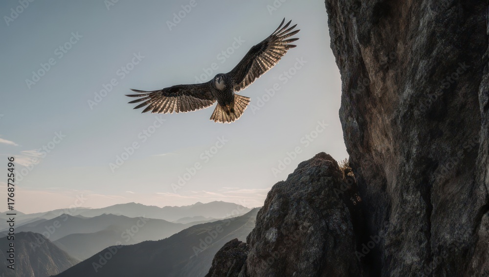 Fototapeta premium Majestic Golden Eagle Soaring Above Rugged Mountain Landscape at Sunset.