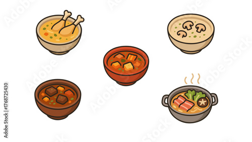 Hot Soup and Stew Bowl Icons Collection. chicken soup, miso soup, and vegetable stew. Ideal for winter food, comfort meal, and restaurant menu design.