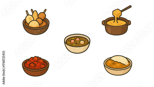 Hot Winter Dishes and Street Food Icons. oden, fondue, stew, and porridge. Perfect for winter festivals, Asian cuisine, and cozy food design projects.