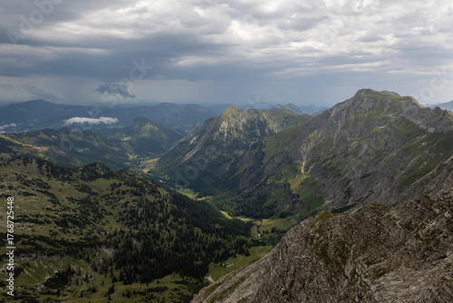 Mountain landscape view from Nebelhorn in the German Alps showcasing lush valleys and dramatic skies