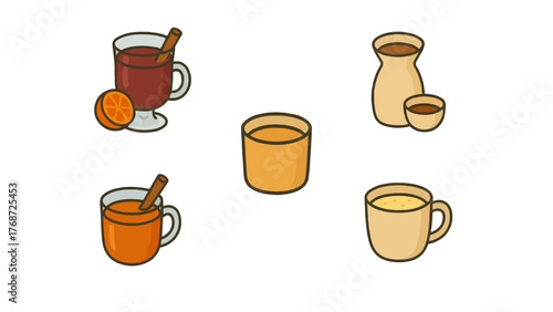 Warm Alcoholic Drinks and Festive Beverage Icons. mulled wine, sake, cider, and eggnog. Perfect for Christmas, winter holidays, and bar or café designs.