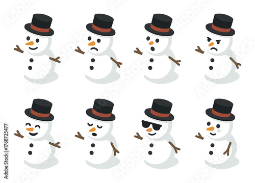 Cartoon snowmen with various facial expressions and black top hats