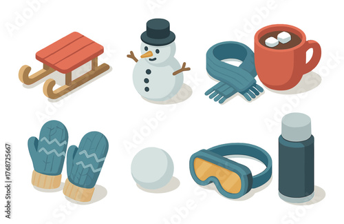 Winter essentials: sled, snowman, hot cocoa, mittens, scarf, snowball, goggles, thermos