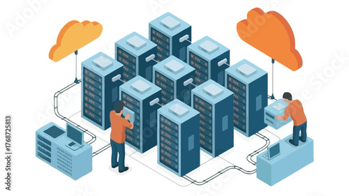 Modern data center infrastructure with servers networking and technicians working on cloud computing technology