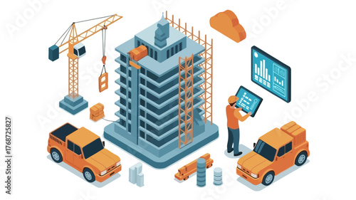 Isometric view of a modern skyscraper construction site with cranes vehicles and workers planning on tablets