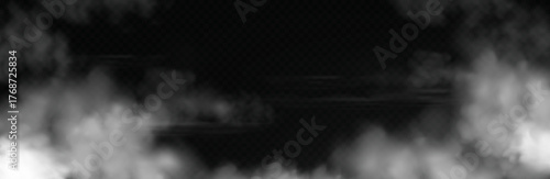 White smoke cloud with overlay effect on dark background. Realistic fog texture spreading along the floor. Atmospheric illustration of misty vapor or haze with dramatic light effect.