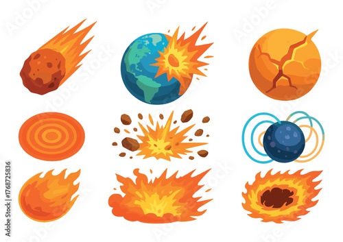Cartoon illustrated planetary impact and meteor explosion concepts