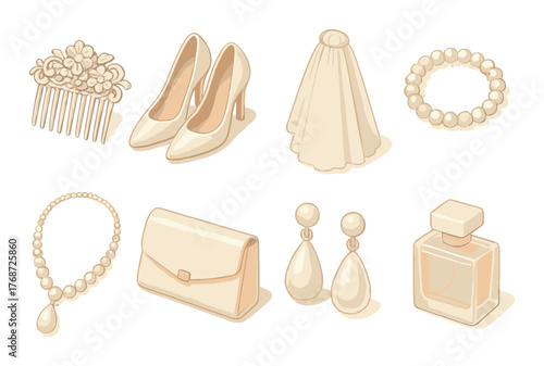 Elegant bridal accessories collection featuring shoes, veil, pearls, jewelry, and perfume on beige background