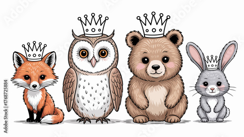 Cute cartoon forest animals including a fox owl bear and rabbit wearing small crowns on white background