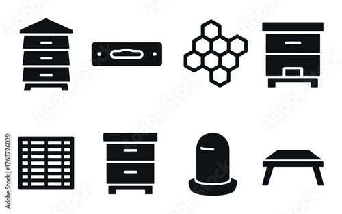 Silhouette icons of beekeeping tools and equipment on dark background