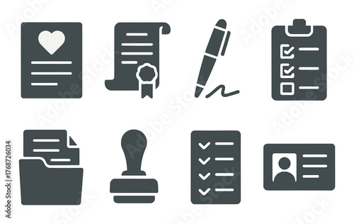 Grayscale icons of documents, pen, checklist, and id on metallic background