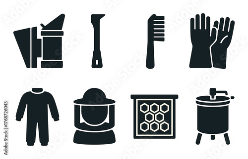 Beekeeping equipment icons collection featuring suit, smoker, extractor, hive tools, and honeycomb