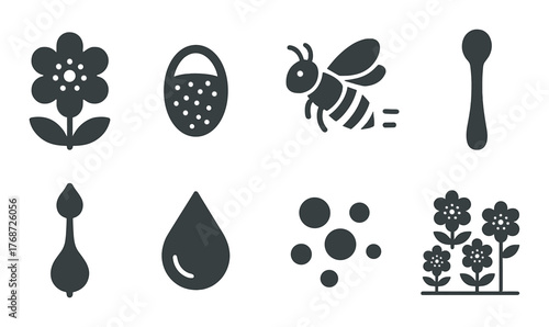 Minimalist icons of floral elements, insects, and nature symbols on black background
