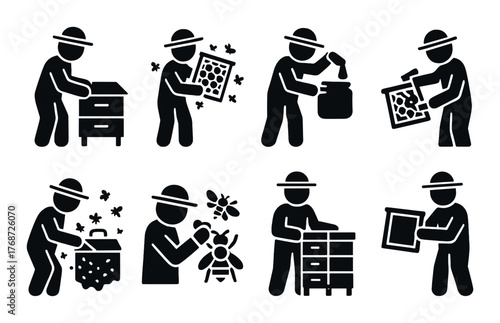 Beehive management icons depicting beekeeper activities in stylized silhouette