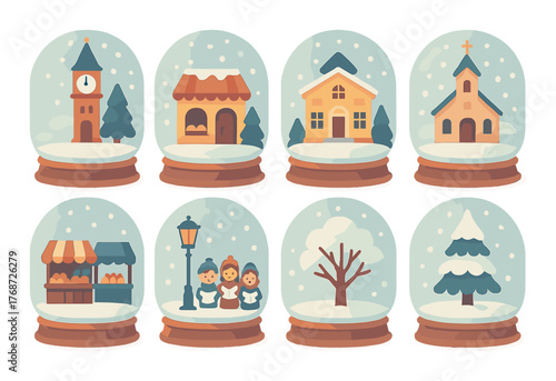 Charming winter snow globes featuring buildings and trees in snowy scenery