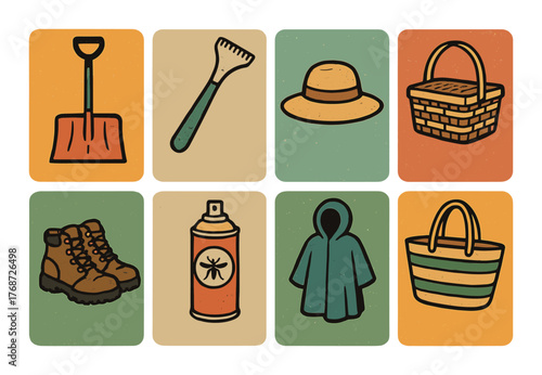 Garden tools and accessories collection with shovel, rake, hat, basket, boots, insect spray, poncho, and bag