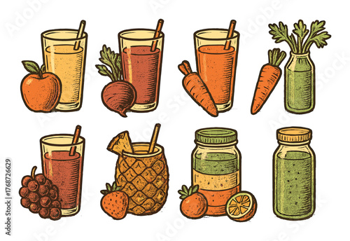 Colorful variety of fresh fruit and vegetable juices with ingredients