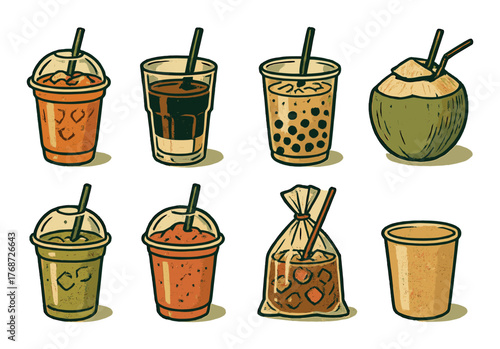 Variety of colorful beverages including bubble tea and coconut water on yellow background
