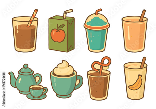 Illustrated beverage variety: milkshakes, juices, teas, and smoothies