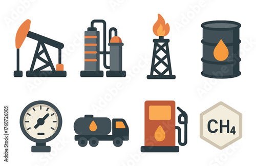 Oil and gas industry icons: pumpjack, refinery, flame, barrel, gauge, truck, ch4