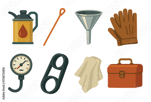 Automotive tools: oil can, funnel, measurement gauge, and gloves illustration