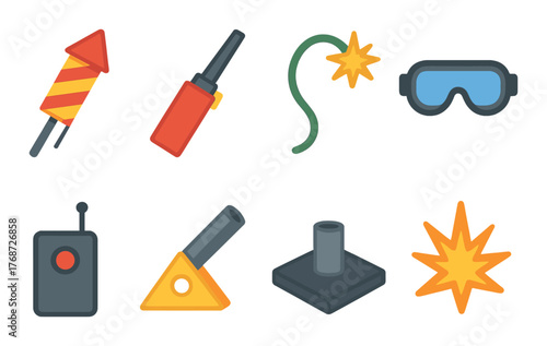 Colorful fireworks and safety equipment icon set with explosive elements