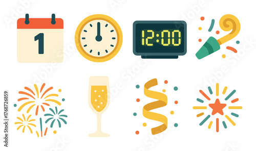 New year celebration icons with calendar, clock, fireworks, and champagne