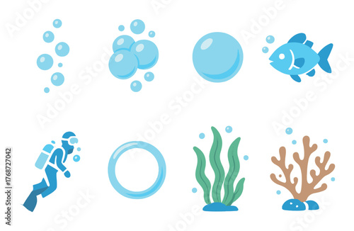 Underwater icons: diver, bubbles, fish, seaweed, coral in blue ocean design