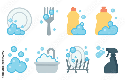 Dishwashing icons: plates, forks, soap bottles, sinks, and bubbles in a clean theme