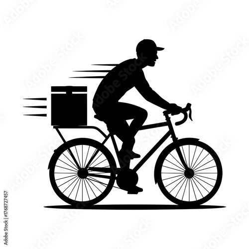 black silhouette of bicycle courier delivering package vector illustration representing fast eco delivery service