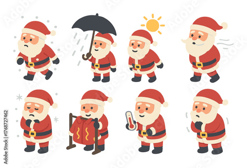 Eight cartoon santas in different weather conditions with expressions