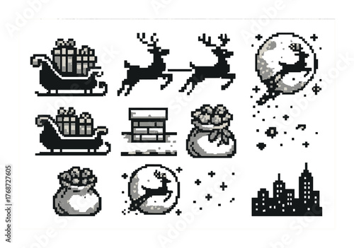Pixel art christmas icons: santa's sleigh, reindeer, chimney, moonlit scene, and city skyline