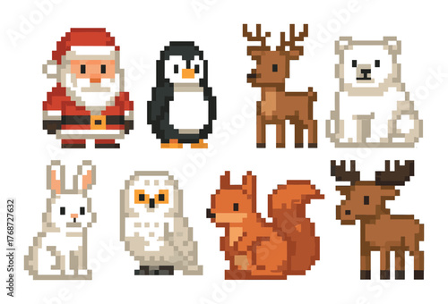 Pixel art characters: santa, penguin, deer, bear, rabbit, owl, squirrel, moose