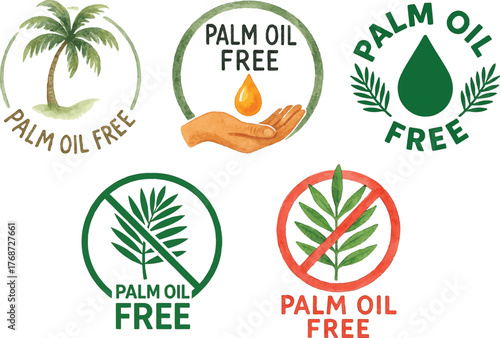 Collection of watercolor painted illustrations of palm oil free logos