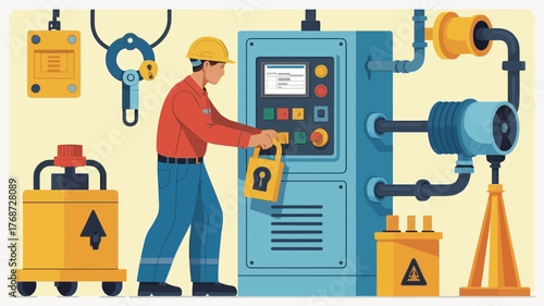 Worker in hard hat performing lockout tagout safety procedure on industrial machinery control panel
