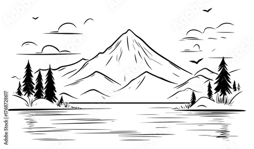 Mountain lake panorama sketch – minimalist line art landscape with alpine peak, pine forest, calm water, hand‑drawn vector illustration