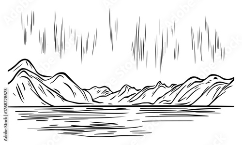 Mountain range with northern lights – minimalist line art landscape aurora borealis vector sketch of peaks, night sky, tranquil nature scene