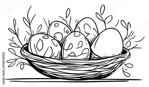 Easter eggs in wicker basket – festive hand‑drawn line art vector illustration of decorated holiday eggs with spring twigs